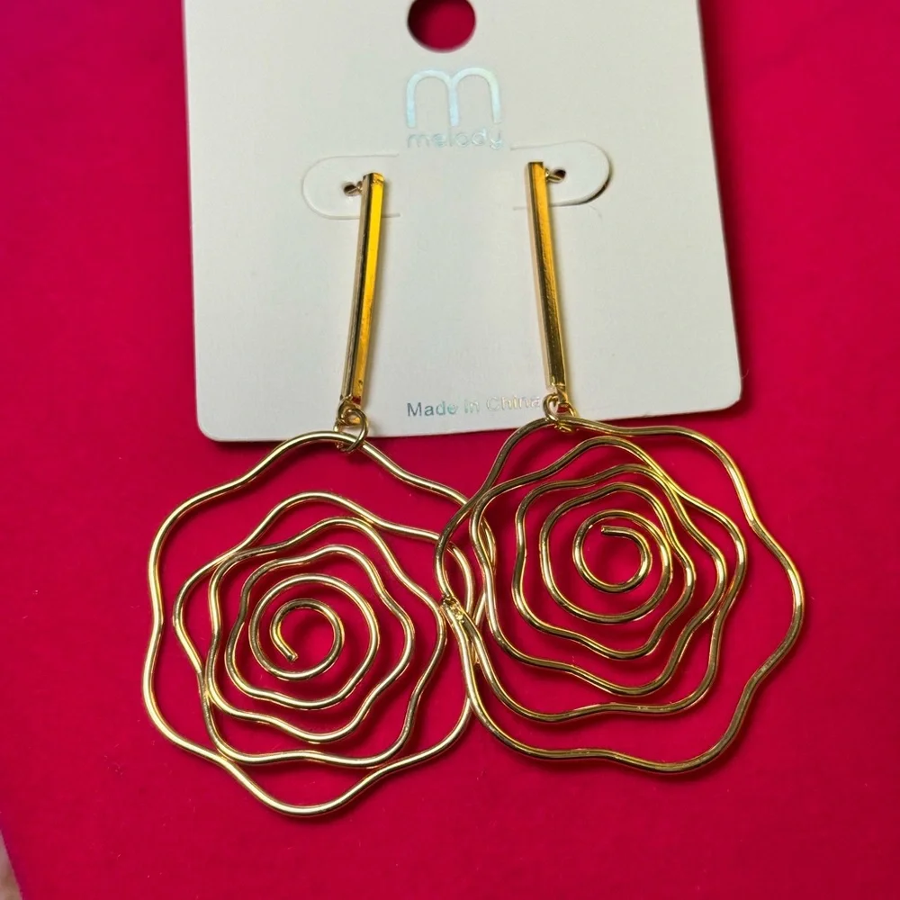 Gold Rose Wire Drop Earrings | Minimalist Statement Floral Dangle | Lightweight - Picture 2 of 5